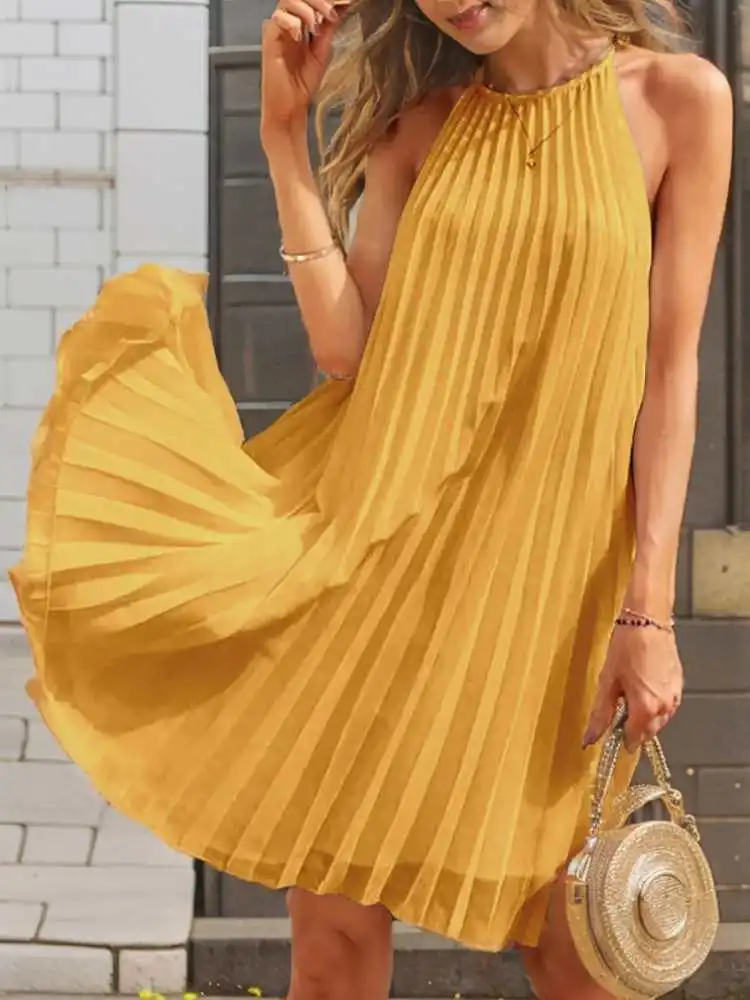 Celmia 2024 Summer Mini Sundress Women Sexy Straps Sleeveless Pleated Short Dress Beach Casual Loose Solid Color Party Vestidos