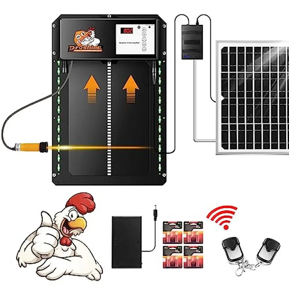 Automatic Solar Chicken Coop Door Timer Light Sensor Remote Controllers Solar Panel Dry Batteries Kit Outdoor Installation