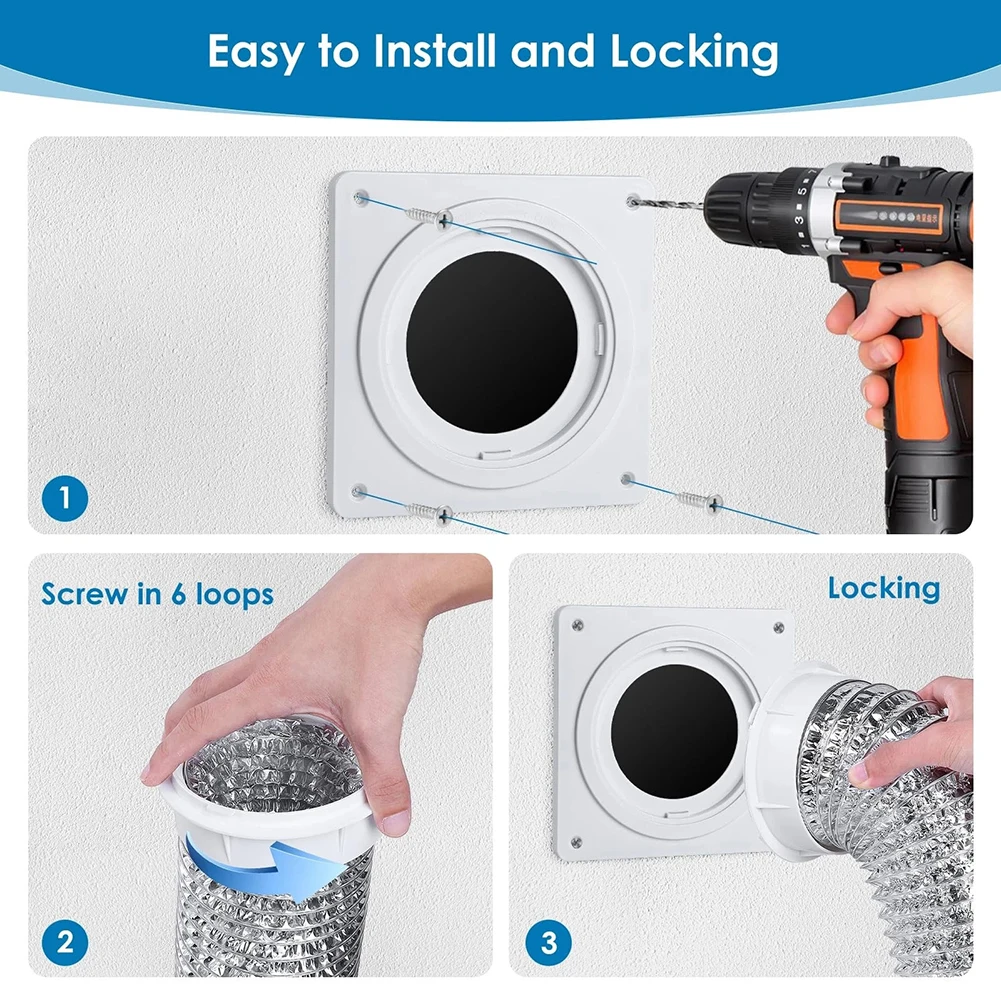 4インチのチューブとホース用の乾燥機ベントウォールプレートコネクターキット。ツイストロックにより確実な取り付けと簡単なメンテナンスが可能。