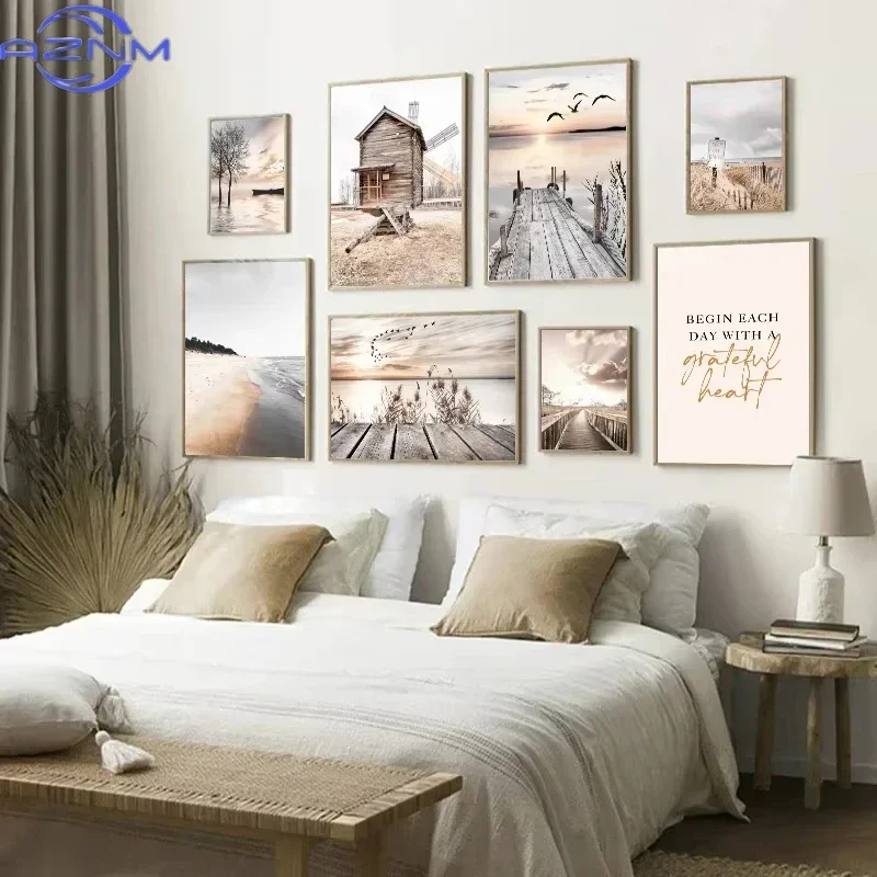 Sea Bridge Windmill Boat Beach Seagull Wall Art Canvas Painting Nordic Posters and Prints Pictures for Living Room Home Decor