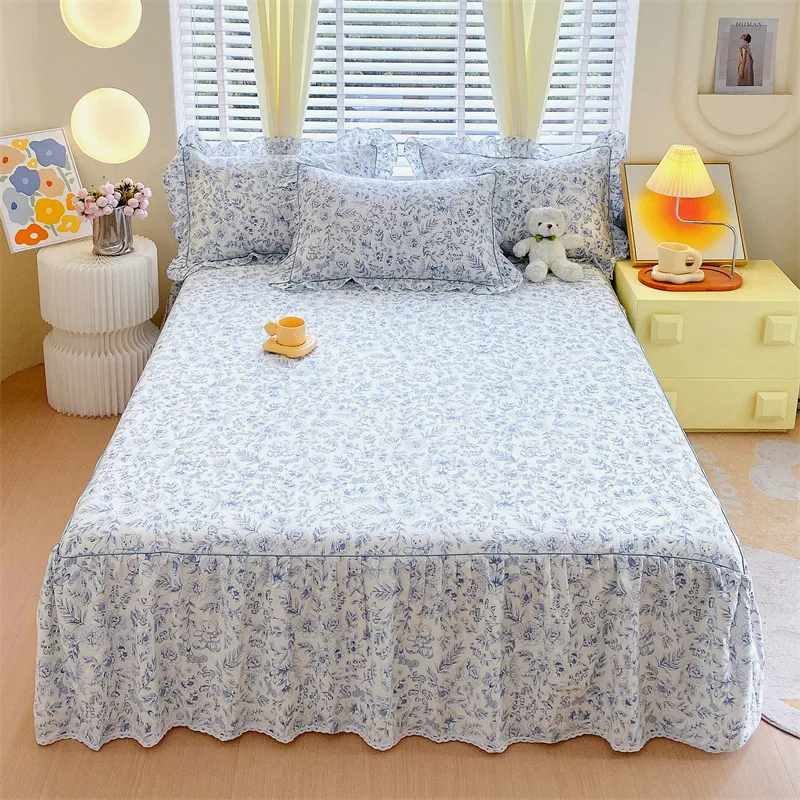 

Flower Style Bed Skirt 100% Cotton Bed Cover Ruffle Bedspread Single/Queen/King Size Mattress Protector 침대스커트 (No Pillowcase)