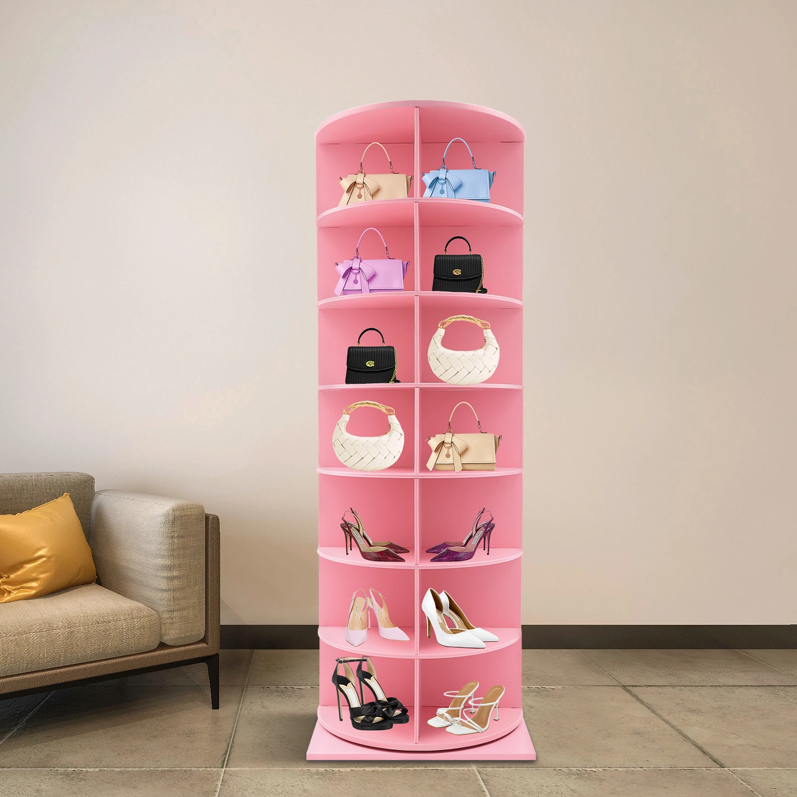 ชั้นวางรองเท้า 7 ชั้น ความจุ 28 คู่ หมุนได้ 360 องศา °     ดีไซน์หมุนได้ แข็งแรงด้วยพีวีซีและแผ่นไม้ที่เป็นมิตรกับสิ่งแวดล้อม สีชมพู จัดเก็บง่าย