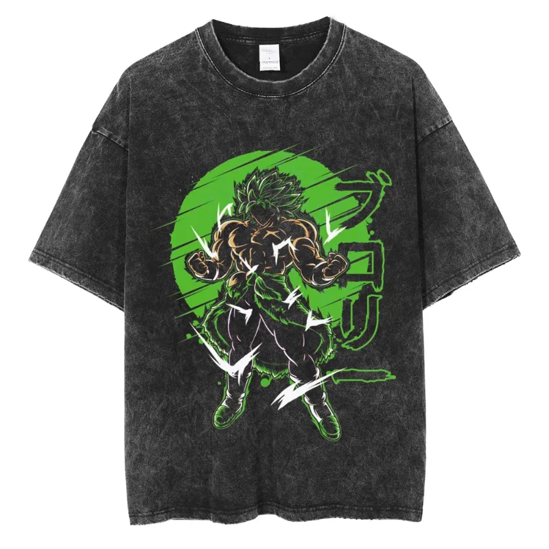 Anime Style Tee 2025 Zwart Katoenen T-shirt Groen Haar Gespierde Vechter Japanse Tekst Vintage Wassen Verontruste Oversized Streetwear