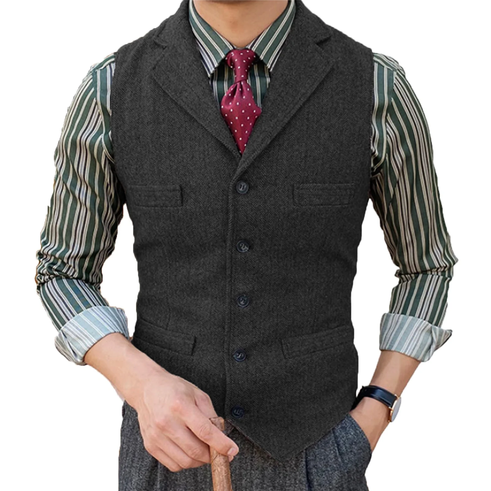 Men\'s  Vest Slim Fit Suits Vest Herringbone Tweed Notch Lapel Wool Business Casual Waistcoat Grossmen For Wedding