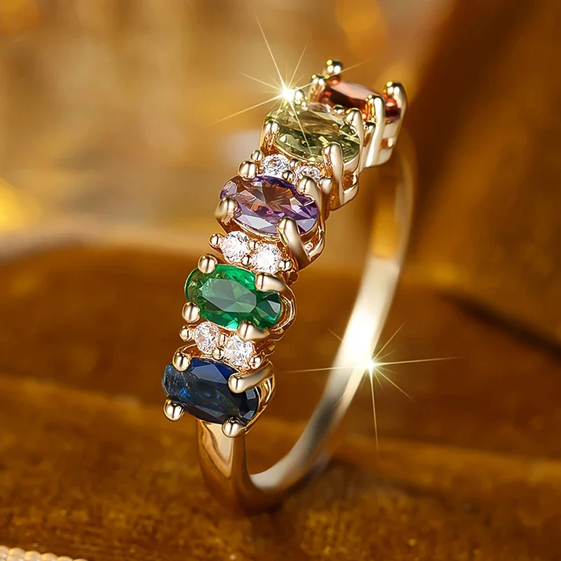 Huitan Multiple Colors Oval Cubic Zirconia Ring for Women Luxury Gold Color Gorgeous Wedding Party Stackable Accessories Jewelry