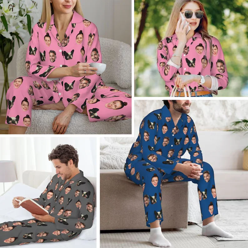 Custom Pet Dogs Cats Pajamas Set Personalised Photo Pyjamas Face Pajamas, Anniversary  Party Gift Pjs Custom Family Gift