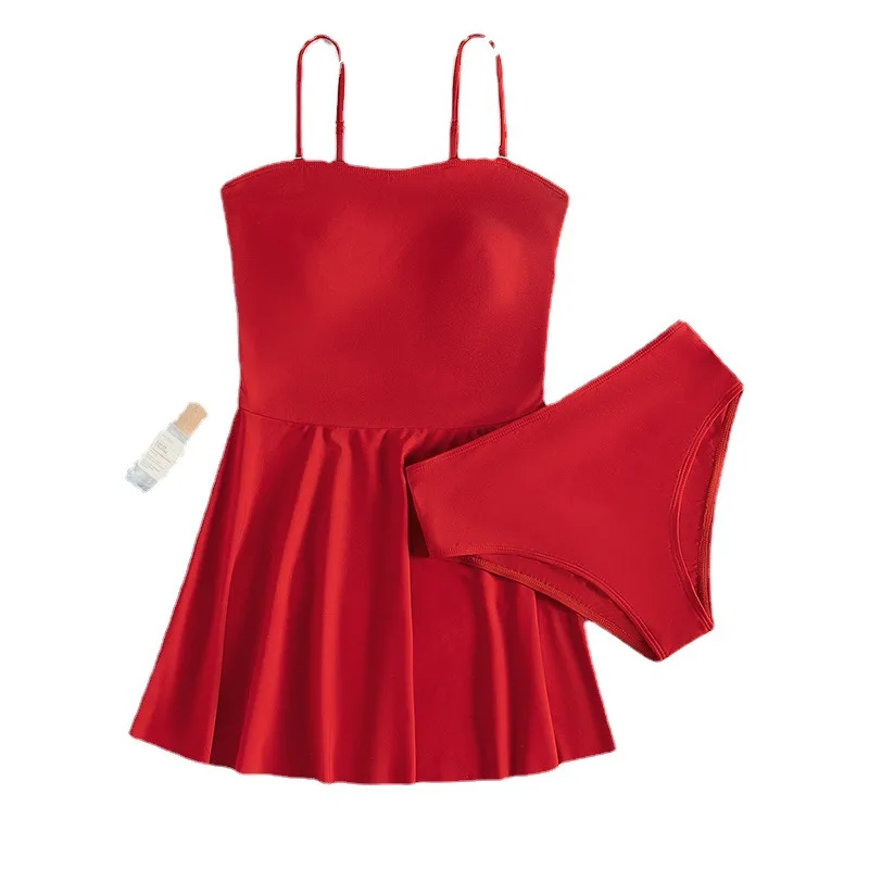 2024New Solid Color Sexy Sling Swimming Dress Conservative Beach Swimming Two-Piece Bikini Swimsuit Swimwear Women