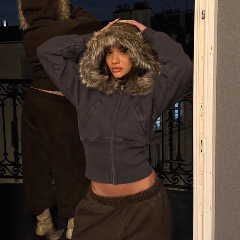 2025 Autumn Winter New High Street Style Fleece Patchwork Hoodie Jacket Fashion Outerwear Women Clothing Y2k Casual Slim Coat