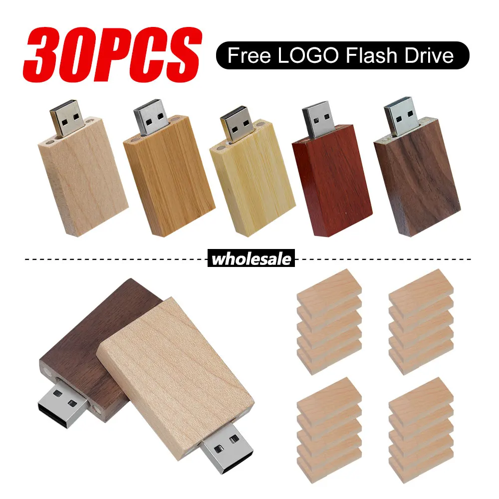 

30pcs/lot Wooden USB 2.0 Flash Drives 128GB 64GB Free Custom Logo Maple wood Box Memory Stick 32GB 16GB U disk For Laptop
