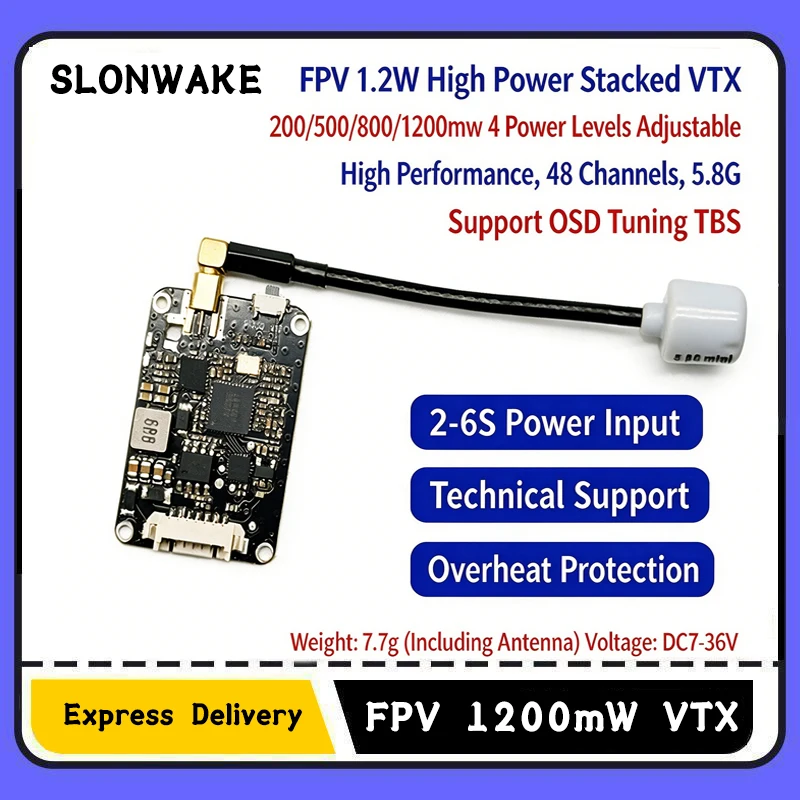SLONWAKE ultra-thin 5.8G 1.2W FPV VTX 48CH 1200mW Video Audio Transmitter Pit/200/500/800/1200mW MMCX Connector for RC FPV Drone