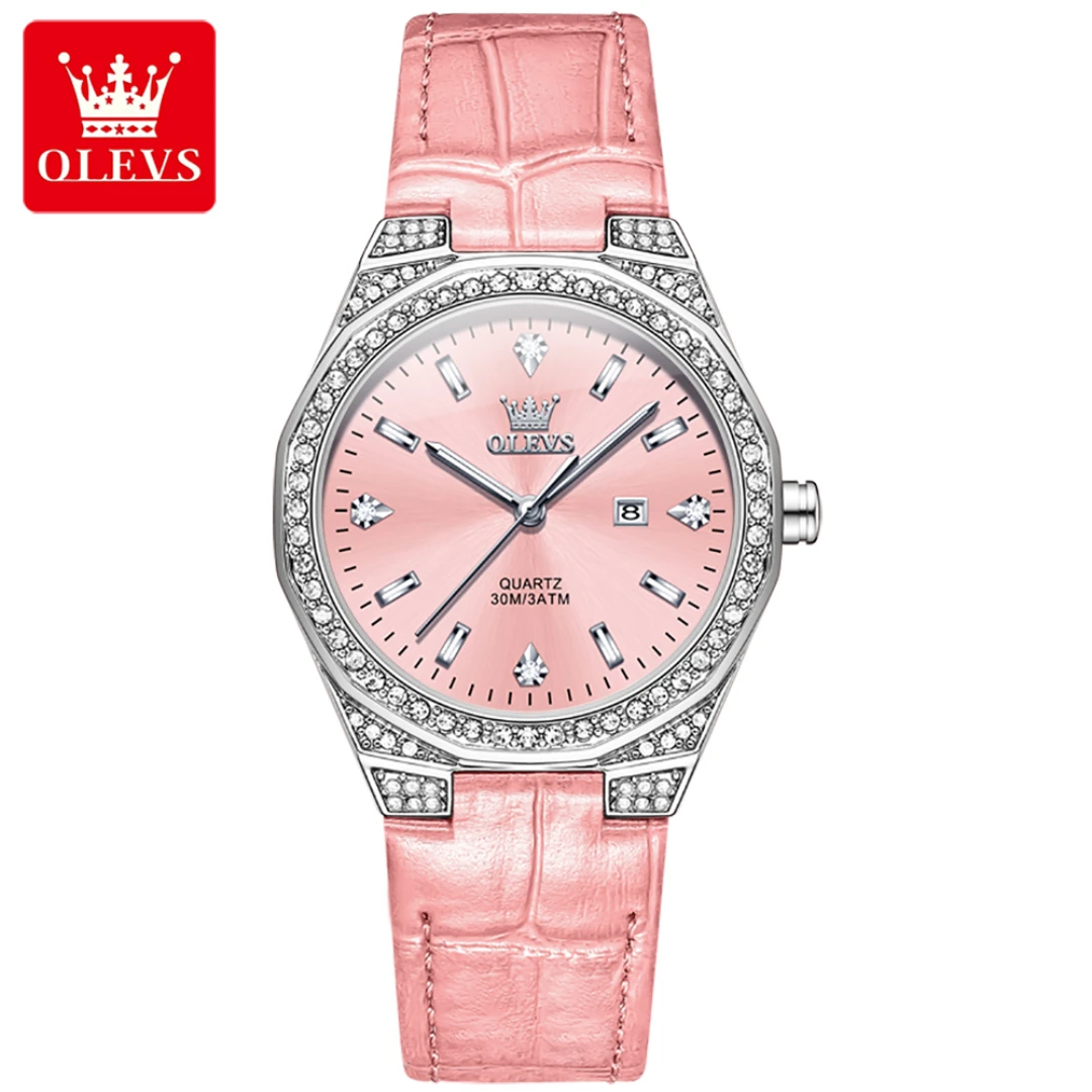 

OLEVS 5606 Fashion Quartz Watch Gift Leather Watchband Round-dial Wristwatch Calendar