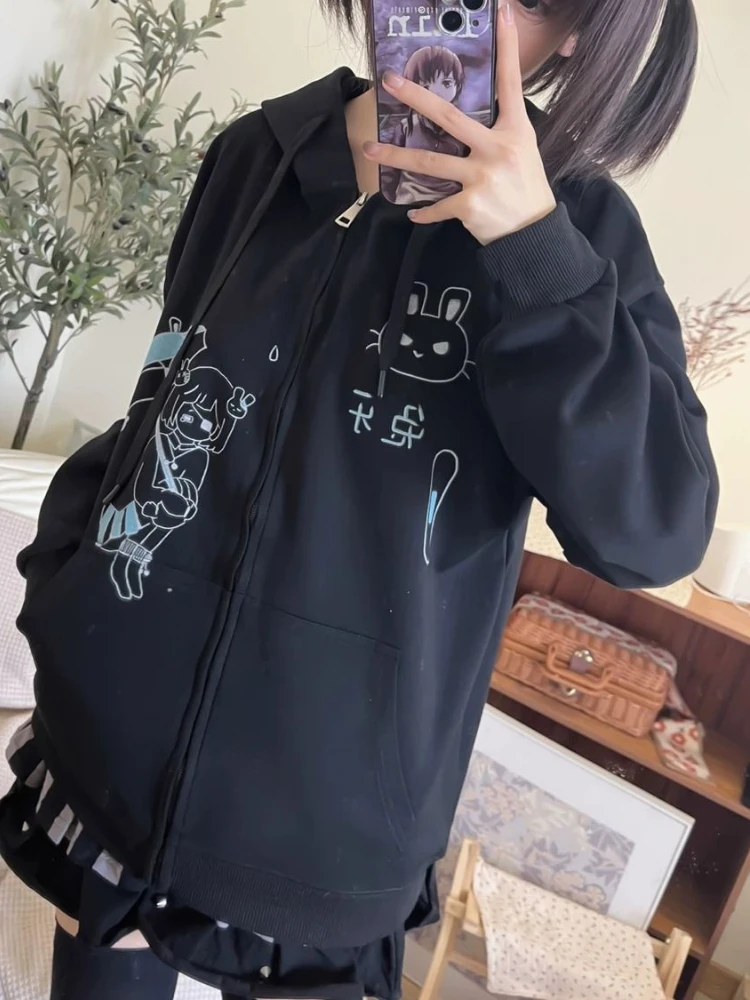 

Japanese Casual Cartoon Printing Hooded Hoodies 2024 Autumn Grunge Zipper Black Sweatshirts Y2k Aesthetic Loose Drawstring Coats