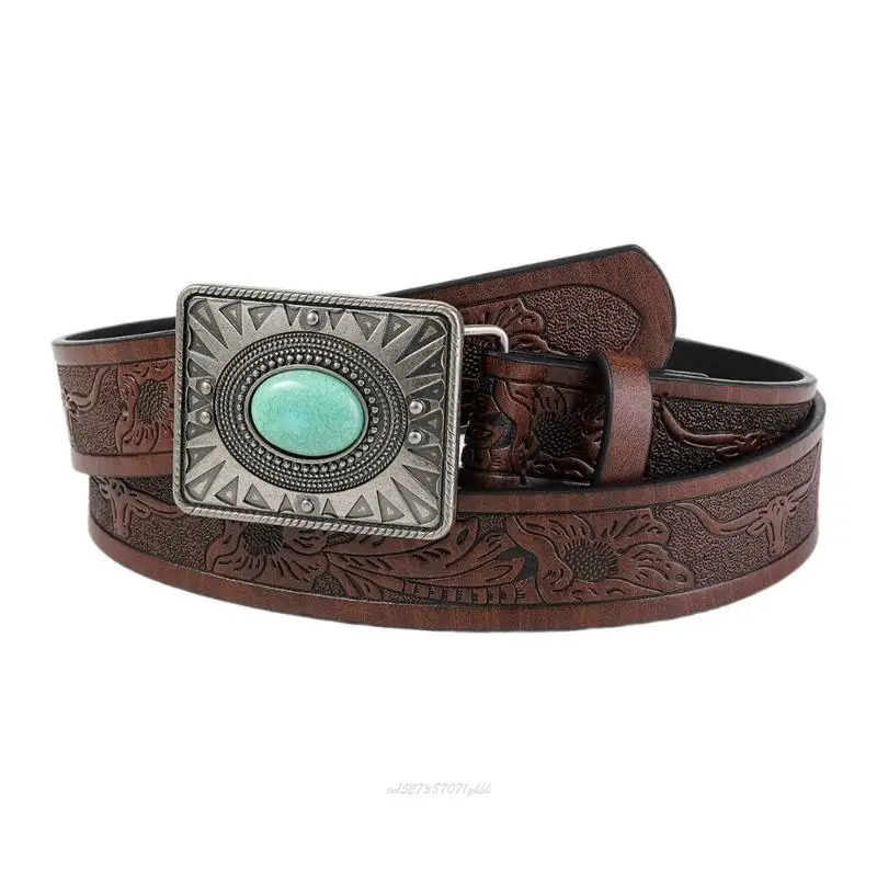 

X5XA Casual Embossed Pattern PU Belt for Women Bohemian Turquoise Buckle Belt Waistband Vintage Belt for Girl Jeans Belt
