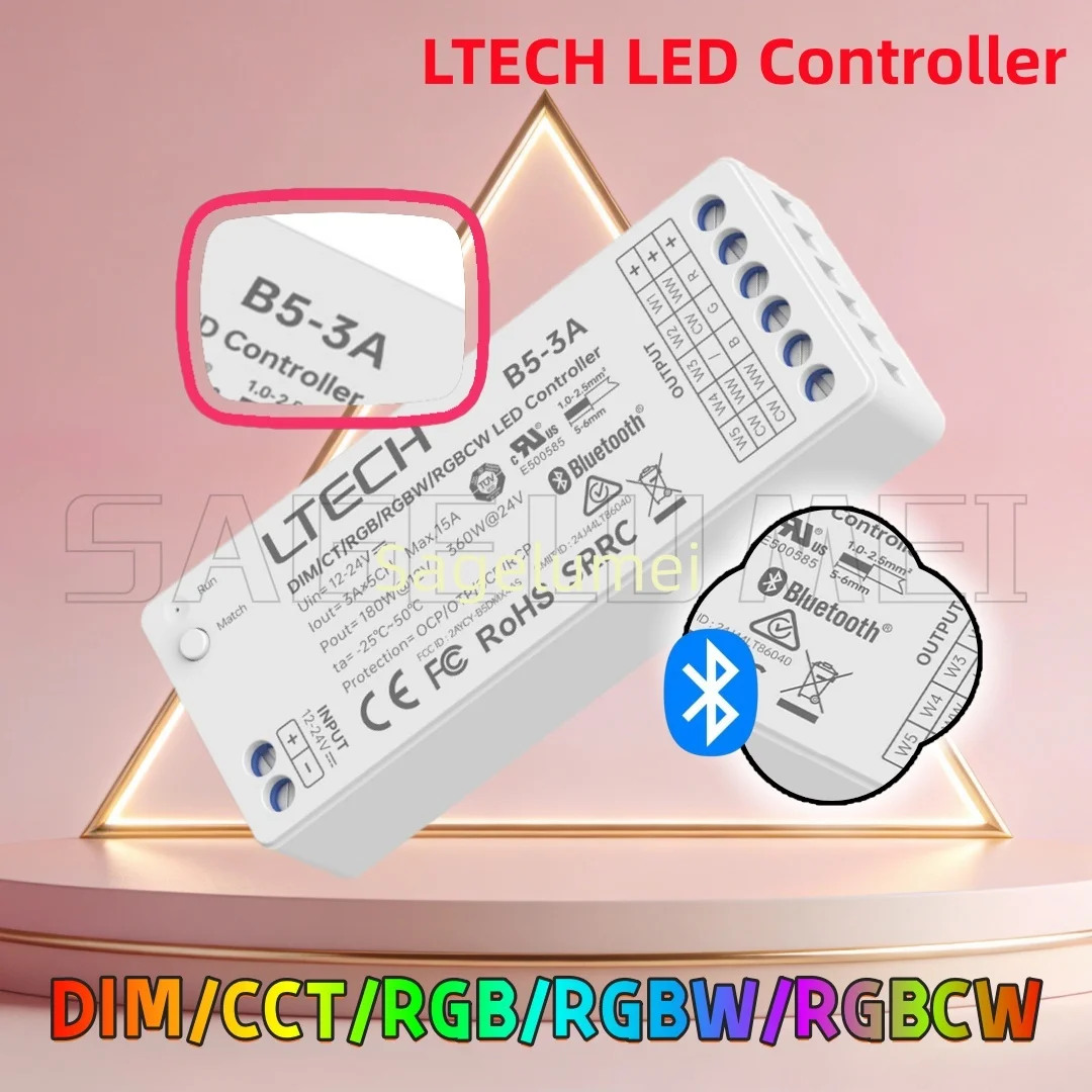 B5-3A DIM/CCT/RGB/RGBW/RGBCW LED Controller LTECH LED Constant Bluetooth 5.2 SIG Mesh DC12-24V 5Channel 15A Dimming APP Alexa