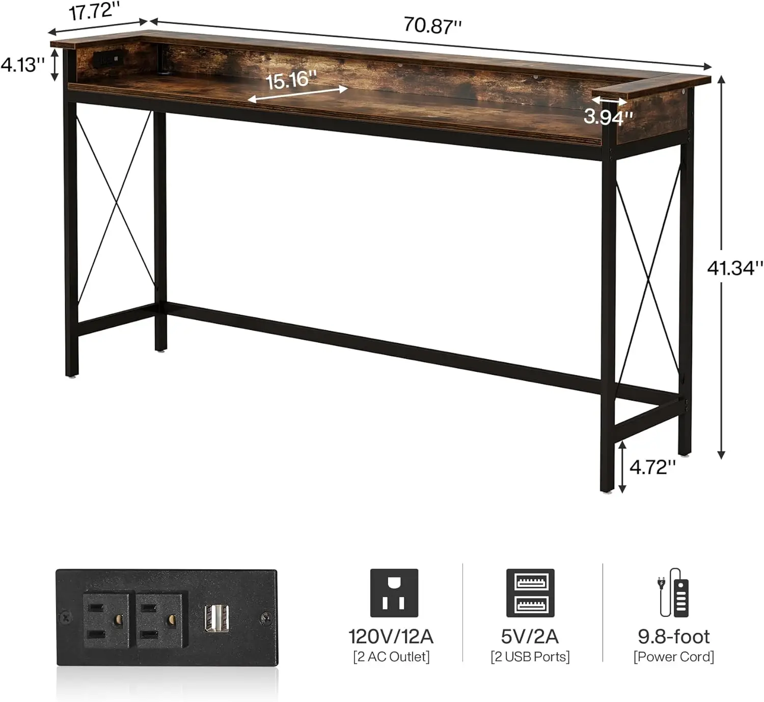 Sofa Table with Outlets and USB Ports, 70.9 inch Extra Long Console Table Behind Couch with Charging Station, Accent Table