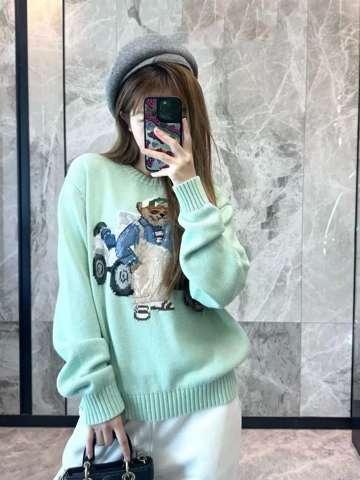2025 Autumn/Winter Women's Knitted Sweater, Small Bear Embroidery, Heavy Weaving Flower Round Neck Hoodie, Simple and Versatile