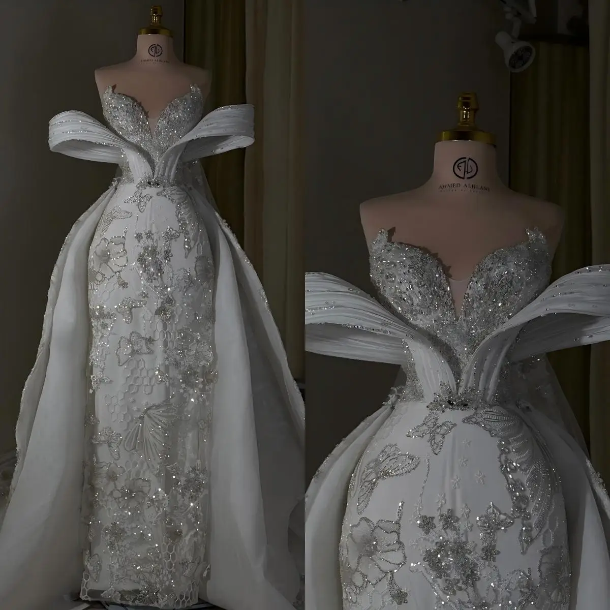 Princess Crystals Wedding Dress Sleeveless Detachable Train Mermaid Bridal Gowns Lace Appliques Customized Formal Party
