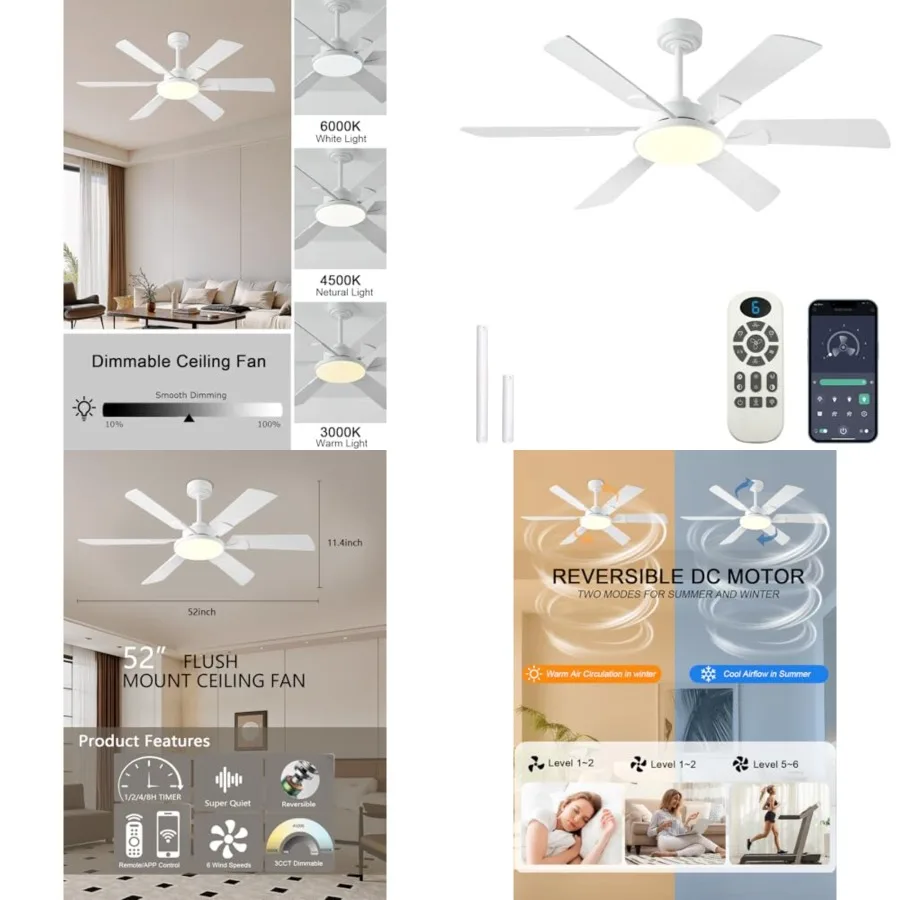 52 Inch Low Profile Ceiling Fan with Lights, Remote and APP Control, 3CCT Dimmable, 6 Blades 6 Speed Ceiling Fans, Quiet Revers