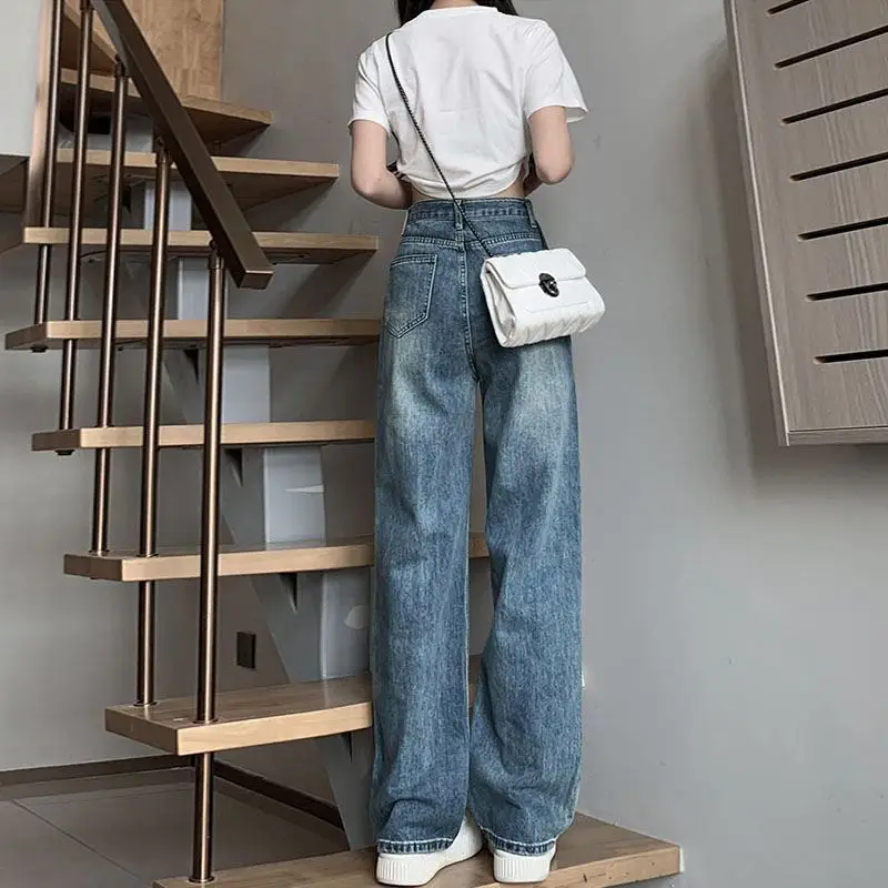 2025年春と秋の女性用ハイウエストジーンズ、秋の女性用の新しいストレートレッグルーズフロアレングスナローレッグパンツ