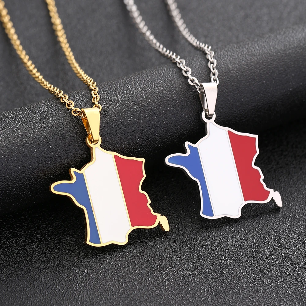 French Map Flag Pendant Necklace Stainless Steel Gold/Silver Color Men Women France Country Maps Jewelry Gift