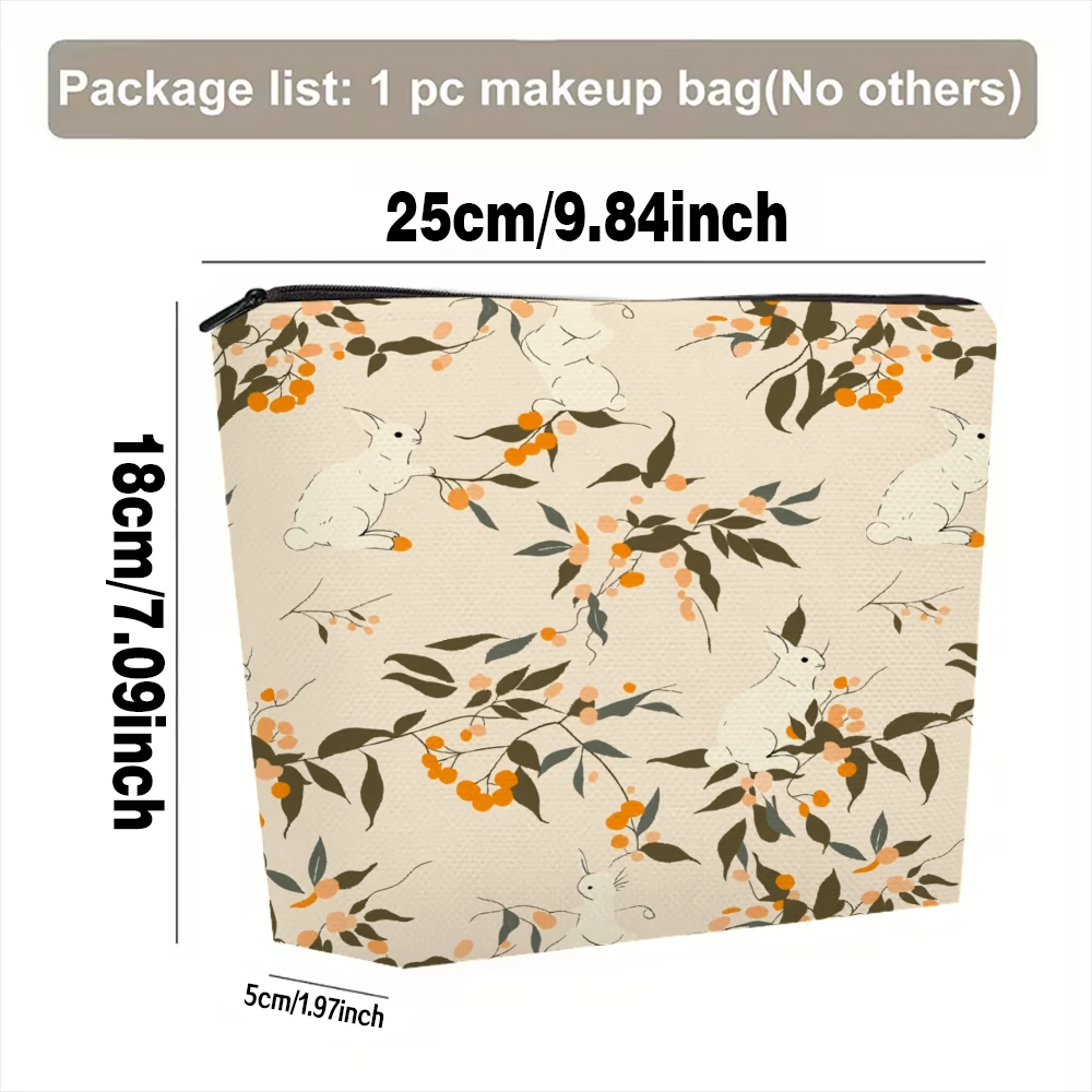 White Rabbits Orange Berries Leaves Makeup Bags for Girls Cosmetic Pouch Toiletry Bag Pencil Case Travel Storage