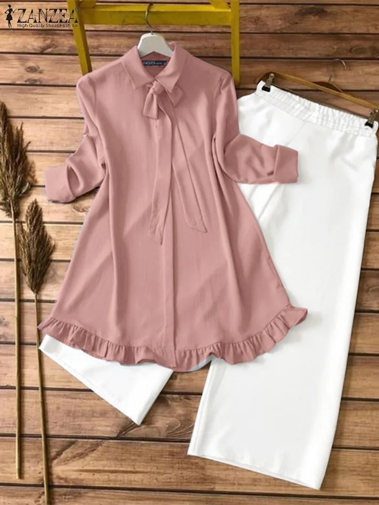 

2025 ZANZEA Fashion Elegant Women Pant Sets Two-piece Outfits Solid Color Long Sleeve Bow Tie Tops Long Pants Casual Loose 2PCS