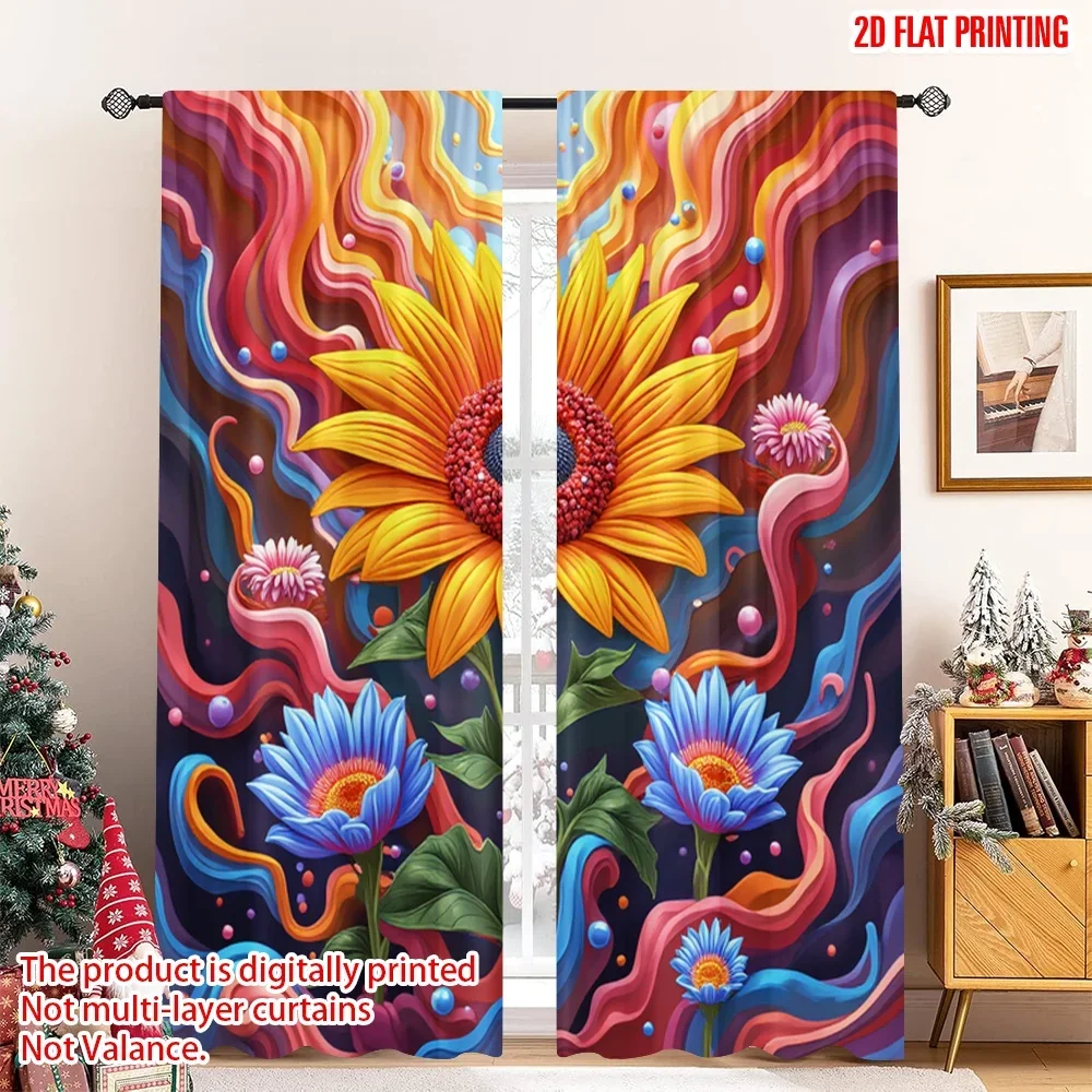

2pcs 2D flat printing Scene Curtain Retro Flower Heart Swirl Digital Printed Polyester Drapes All Season Party & Holiday Decor