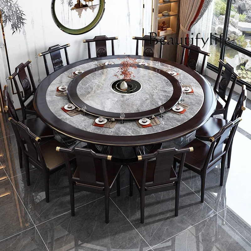 Solid Wood Dining Table and Chair Assemblage Zone Turntable Household Hotel Stone Plate Dining Table with Induction Cooker