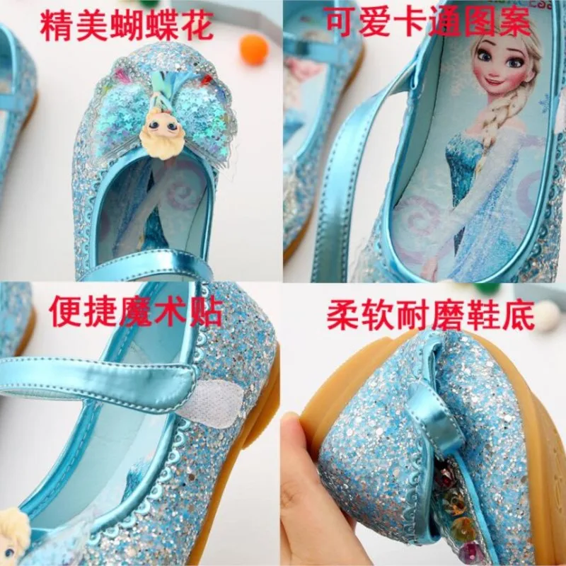 Frozen Elsa Princess Kids Leather Sandals Girls Bow Casual Shoes Glitter Children Flat Shoes Sandals Butterfly Knot Girls\' shoes