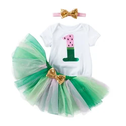 1st First Birthday Print Shirt Tutu Skirt Dress Outfit 1 Year Old Tutu Holiday Princess Dresses Christening Gown