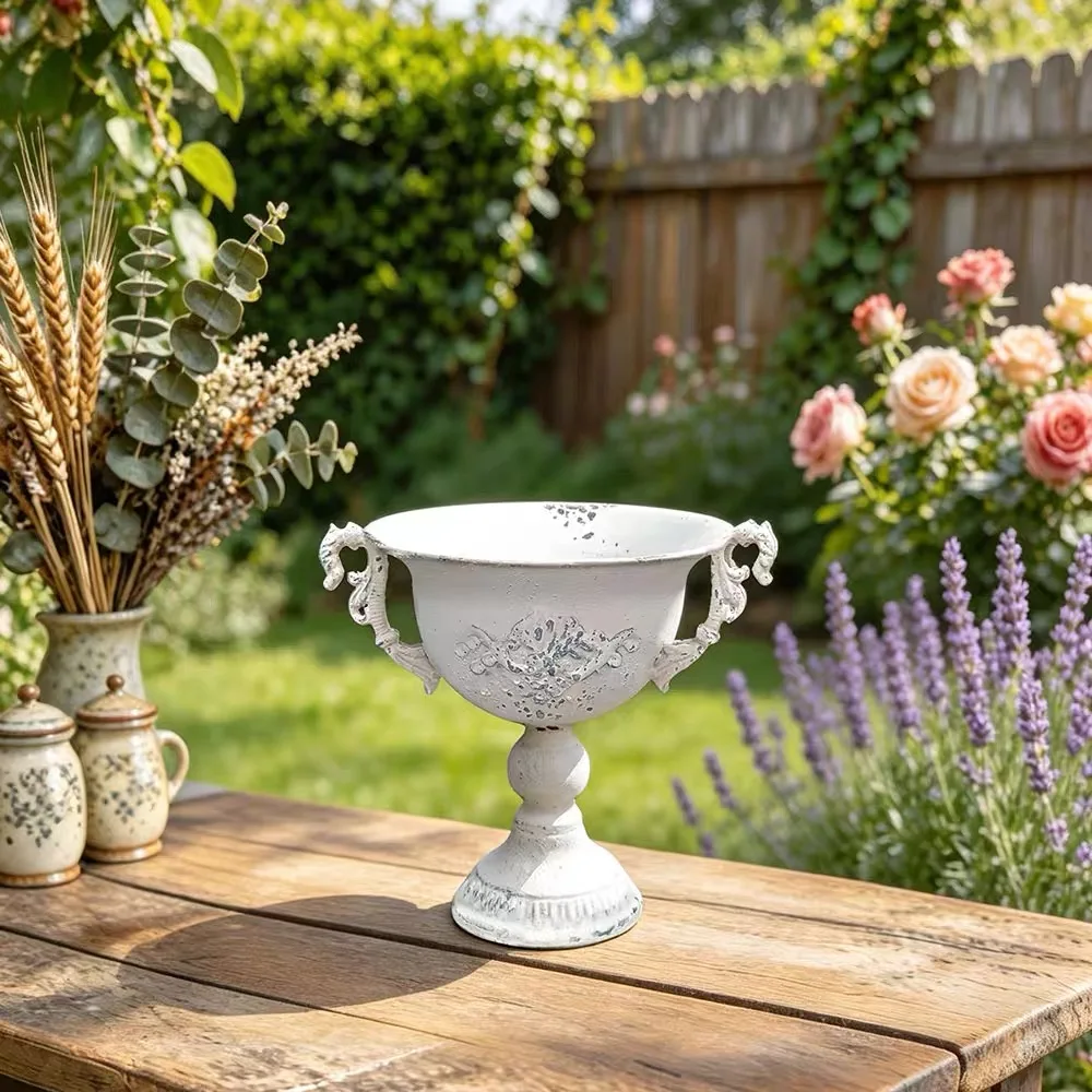 Vintage Metal Pedestal Planter with Handles, Distressed White Urn Flower Pot with Drainage Hole, French Garden Decor