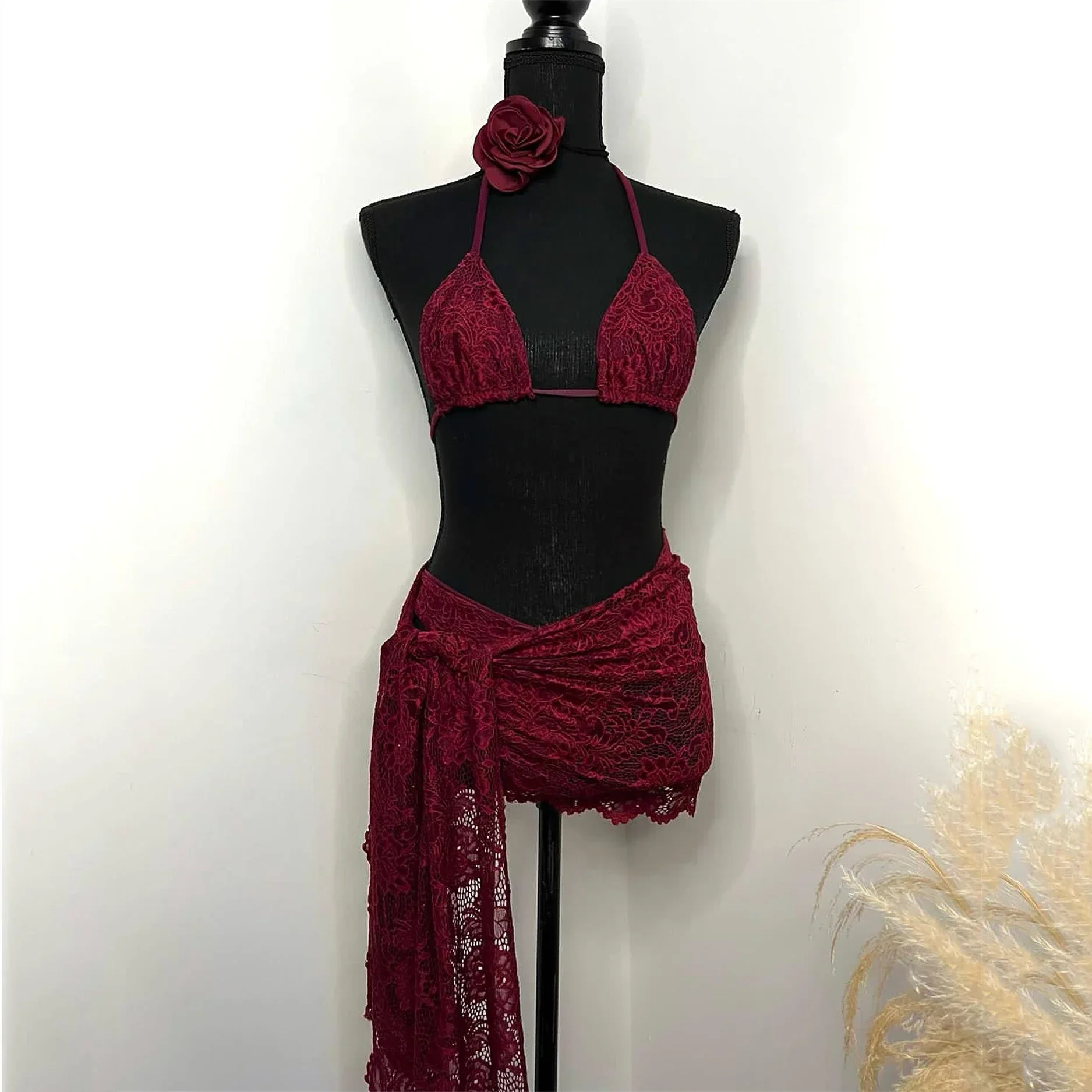 3Packs Lace Bikini Set With Beach Skirt Flower Women Sexy Swimsuit Red Swimwear Female Crochet Dress Bathingsuit Sarongs Biquini — zdjęcie 5
