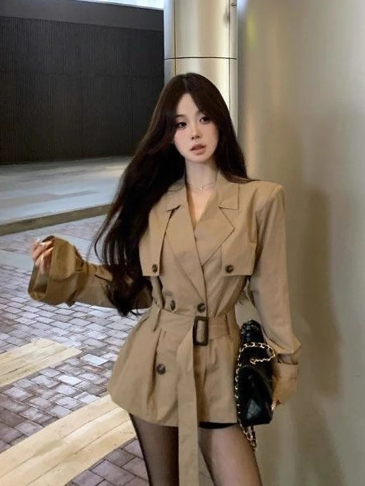 British Style Kaki Color Coat Skirt Women's Spring Autumn Short Waist Cinched Elegant Short Workwear Coat Small Size