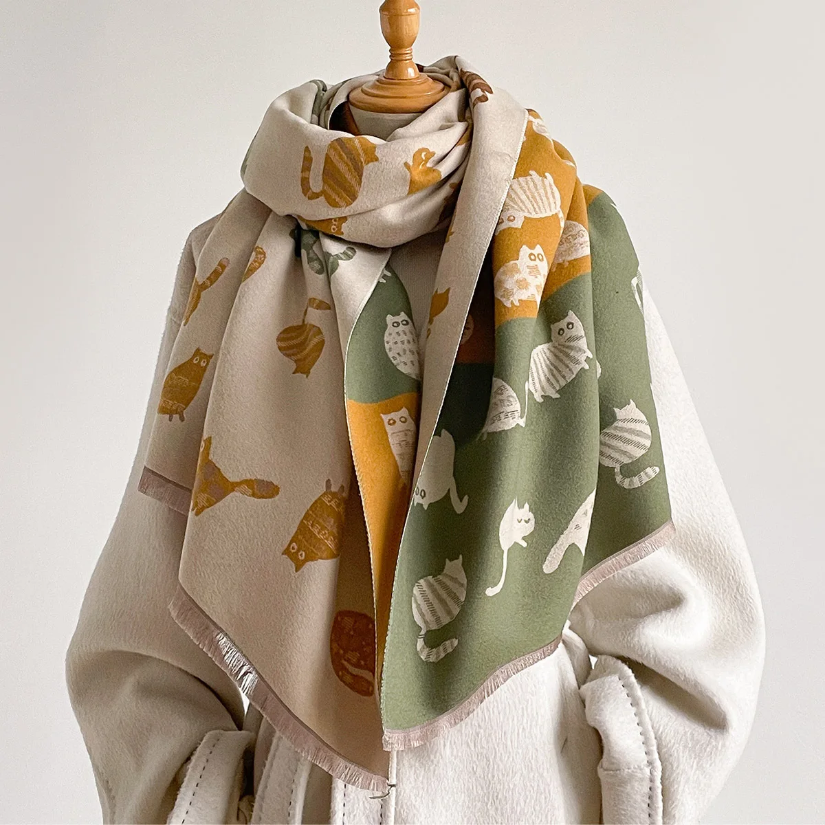 Scarf Women Cat Jacquard Shawl Wrap Double Sided Fall Neck Warmer Ladies Animal Pattern Cape Stole Daily Outdoor Office view 2