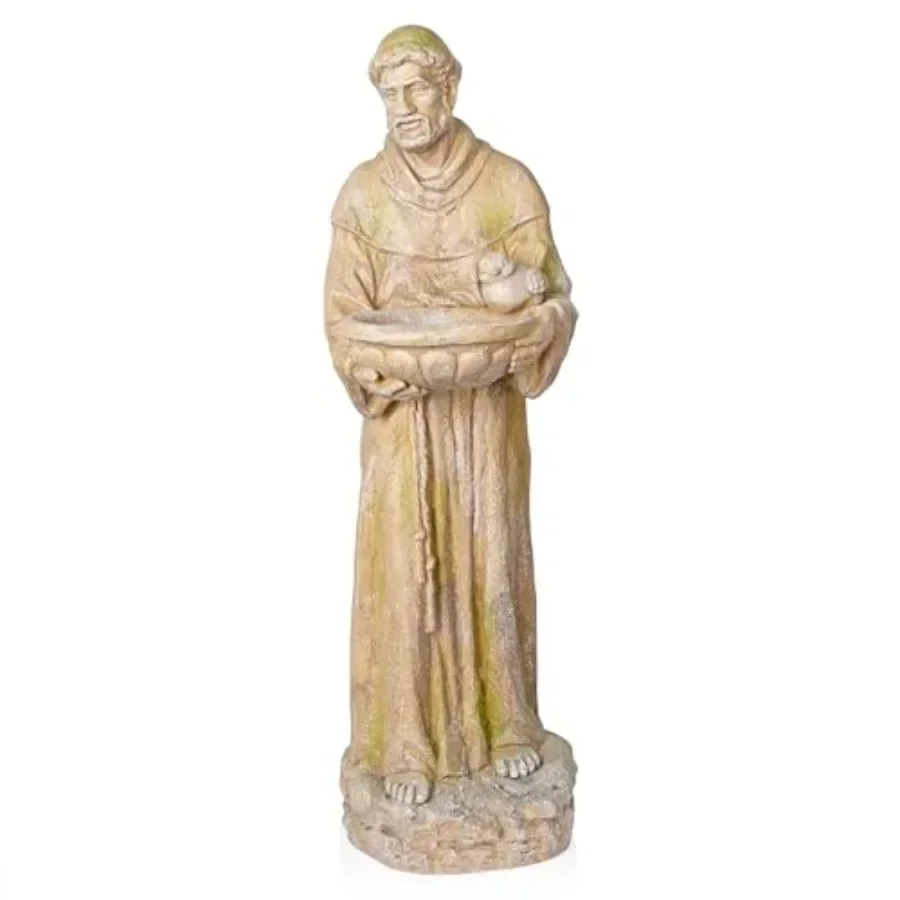 Outdoor garden statue with cast stone material, mossy green finish, bird feeder feature, 45 H for backyard or patio use