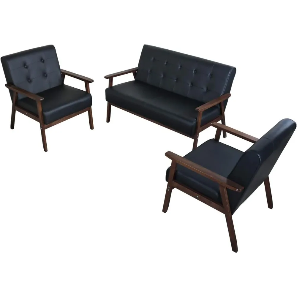 Set van 1 loveseat-bank en 2 accentstoelen uit het midden van de eeuw Moderne houten armbank en stoelwoonkamermeubelsets