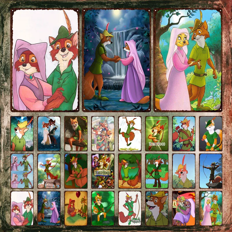 Robin Hood Disney Metal Signs Fantastic Fox and Bear Metal Poster Cartoon Movie Famous Characters Tin Sign Plate Home Wall Decor