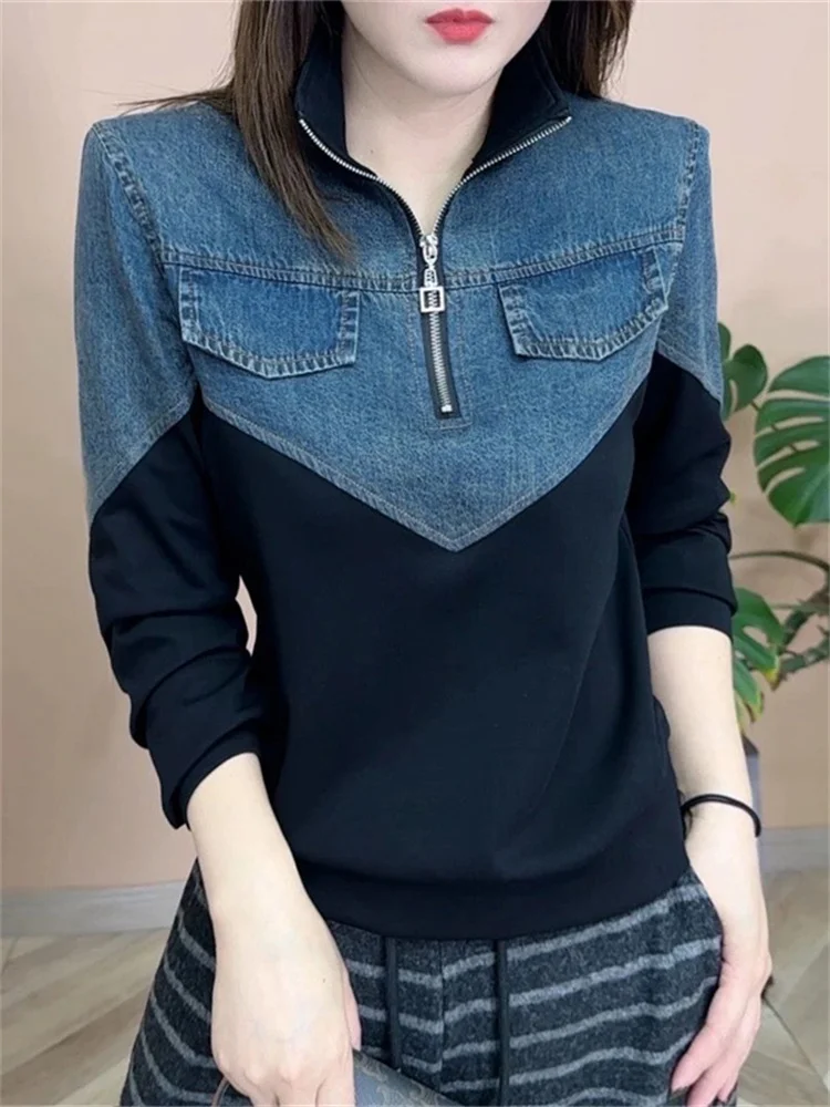 Women's Jacket Plus Size Mom's Stand-up Collar 2025 Spring Fashion new Casual Zipper Denim Stitching Bottoming Shirt Jacket