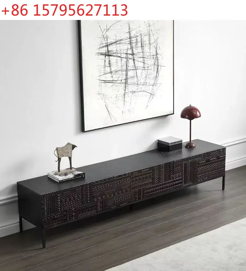 

Solid Wood TV Cabinet Living Room Vintage Oak Hand-Carved Nordic Modern Light Luxury Nostalgic Silent Style