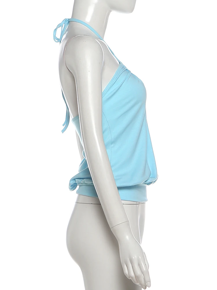 Sisterlinda Modisches Rückenfreies Tanktop für Damen, Sexy Halter-Top mit Bandagen, Gerafftes Patchwork-Design, Einfaches Midnight-Party-Streetwear-Clubtop – Detail 5