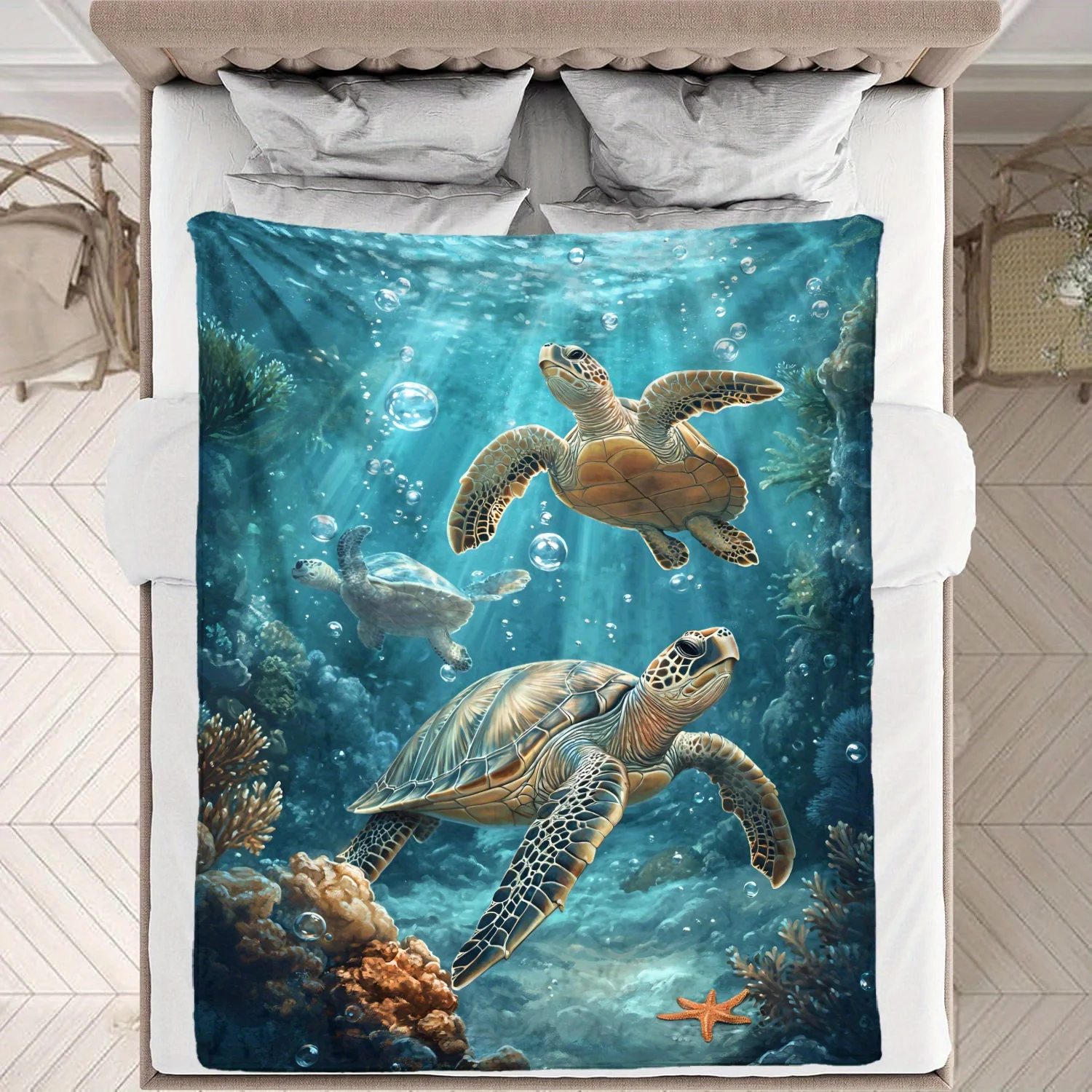 [Sea Turtles Blanket] Deep Sea Three Sea Turtles Pattern Blanket - Gift Soft Blanket - Flannel Blanket - One Piece