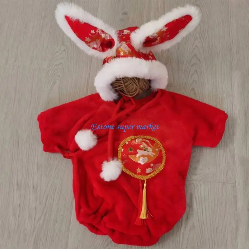 090B Newborn Photography Costume Suit Rabbit Year Memorial Photo Clothes Suit for Spring Festiva New Year Photo Props