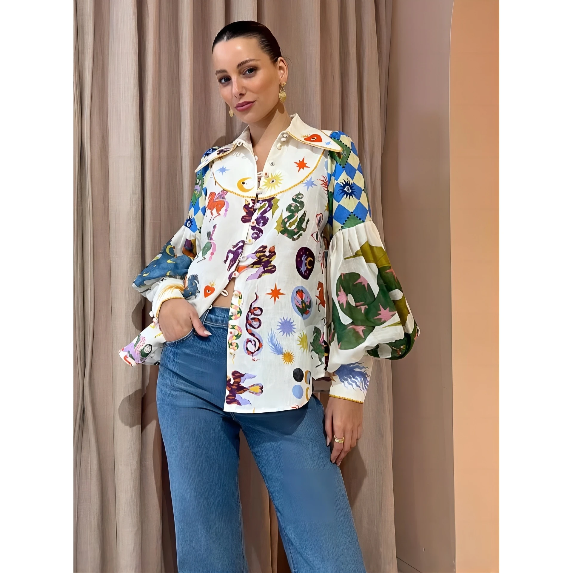 

Fashionable Graffiti Linen Collar Lantern Sleeve Open Cardigan Shirt New 2023 Independent Station Cross-Border Design