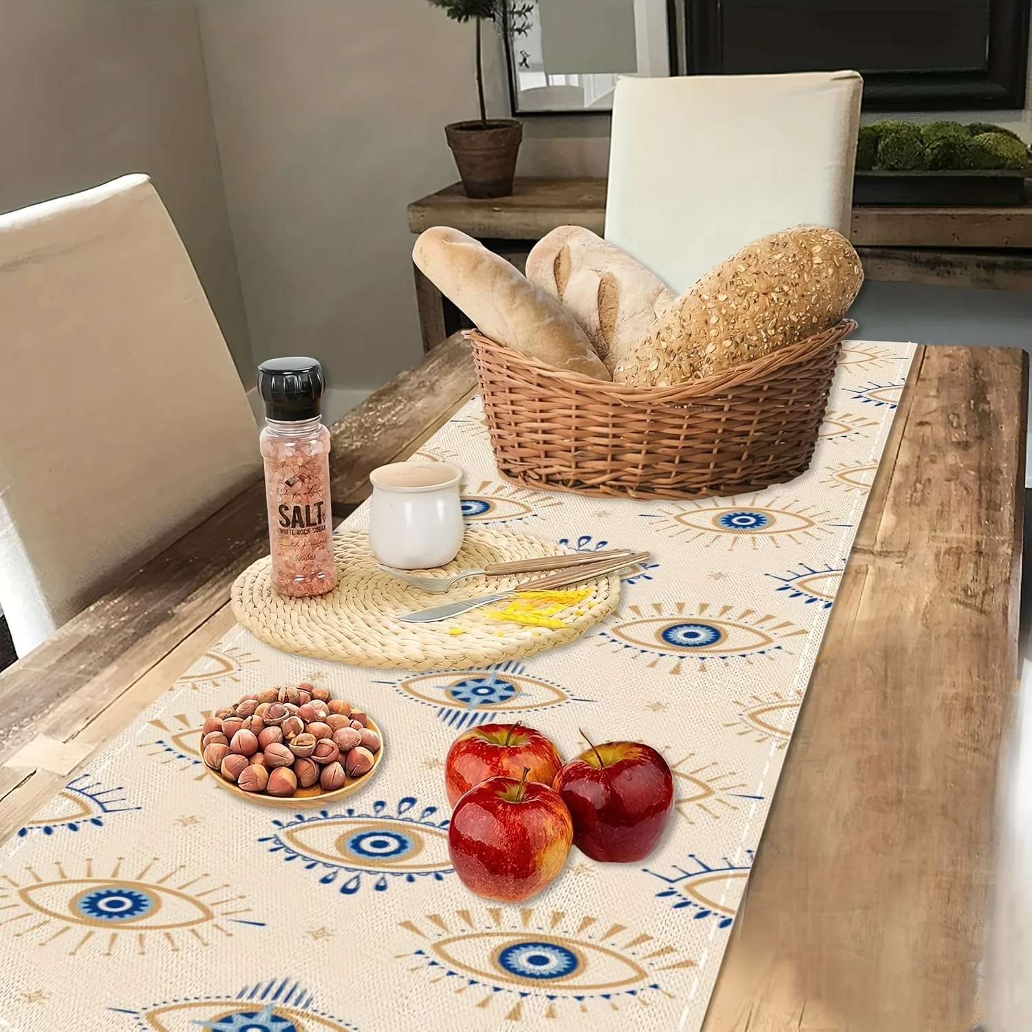 1 Piece Evil Eye Pattern Table Runner - Rectangular Dressing Table Scarf, Blue and Gold Protective Design for Holidays, Parties, Family Gathers