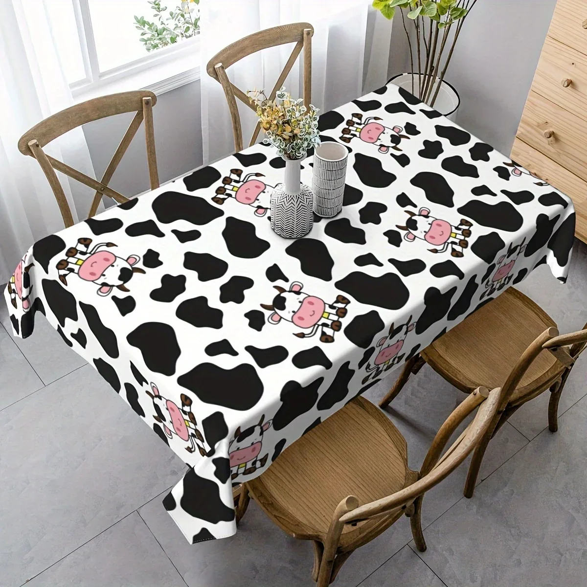 1pc Cartoon Cow Print Tablecloth Black And White Milk Cow Pattern Table Cover For Kitchen Dining Room Decor Dustproof Oilproof