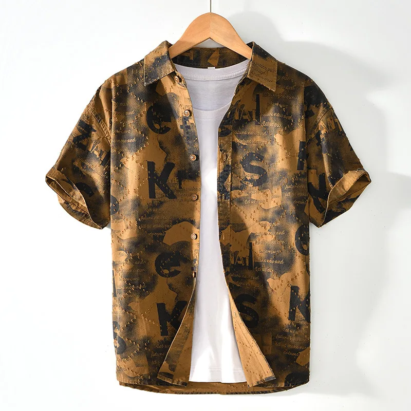 

2025 Summer American retro youth popular letter flower design fashion trend lapel niche high-end casual short sleeved shirt