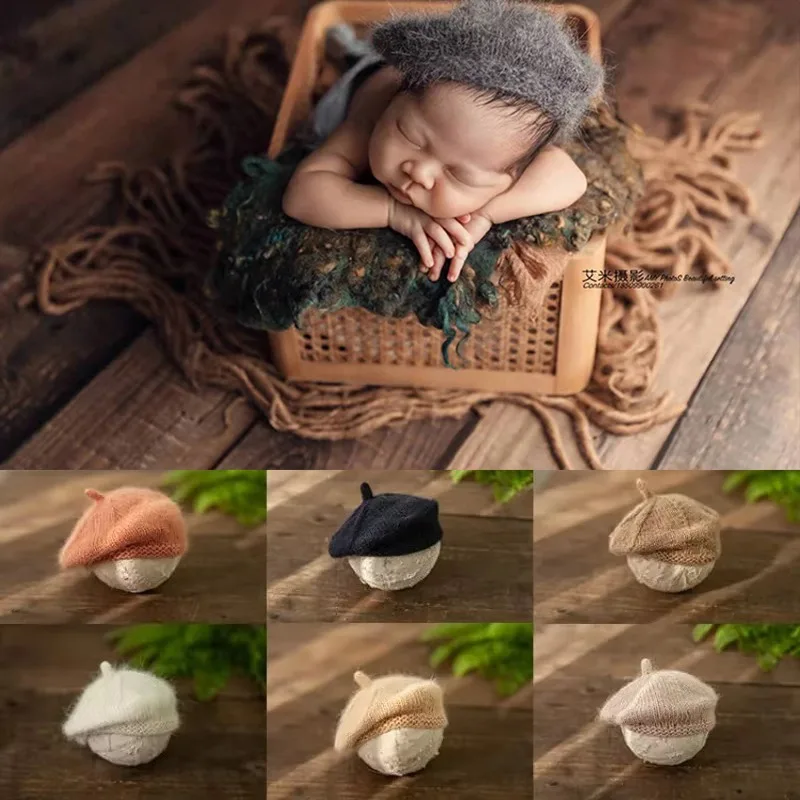 

Newborn Photography Accessories Soft and Comfortable Mohair Berets Cute Hand-knitted Crochet Single Hats Baby Photoshoot Props