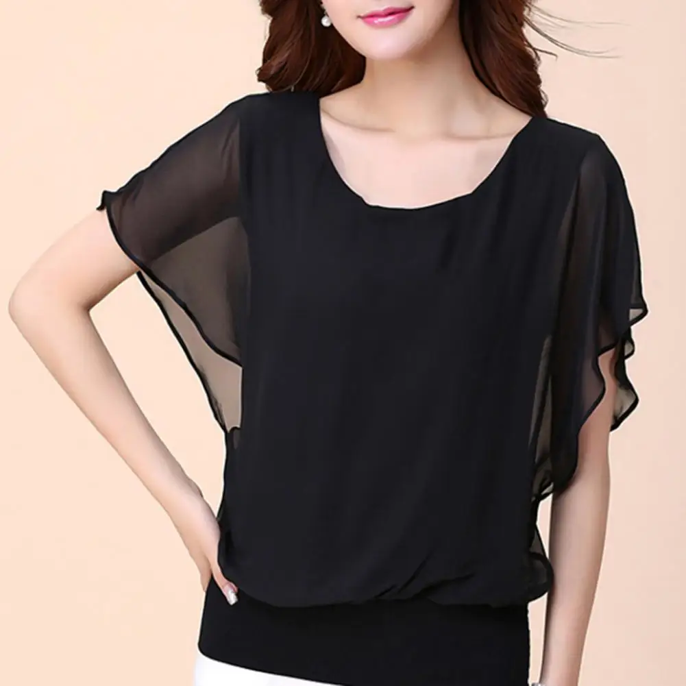 T-shirt Wanita Blus Musim Panas Sifon Leher Bulat Atasan Wanita Santai