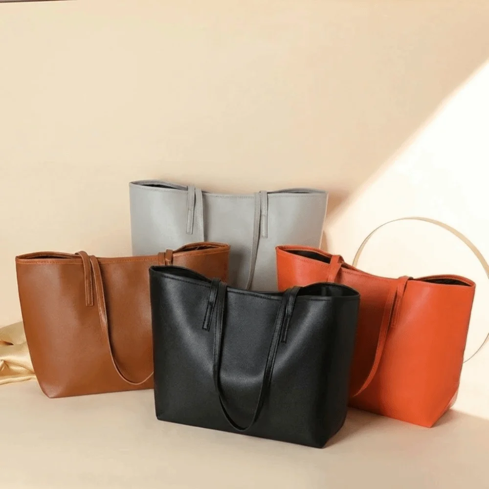 Chic Litchi Texture Tote Bag Leather Large Capacity Shoulder Bag Crossbody Snap Button Design Handbags Women