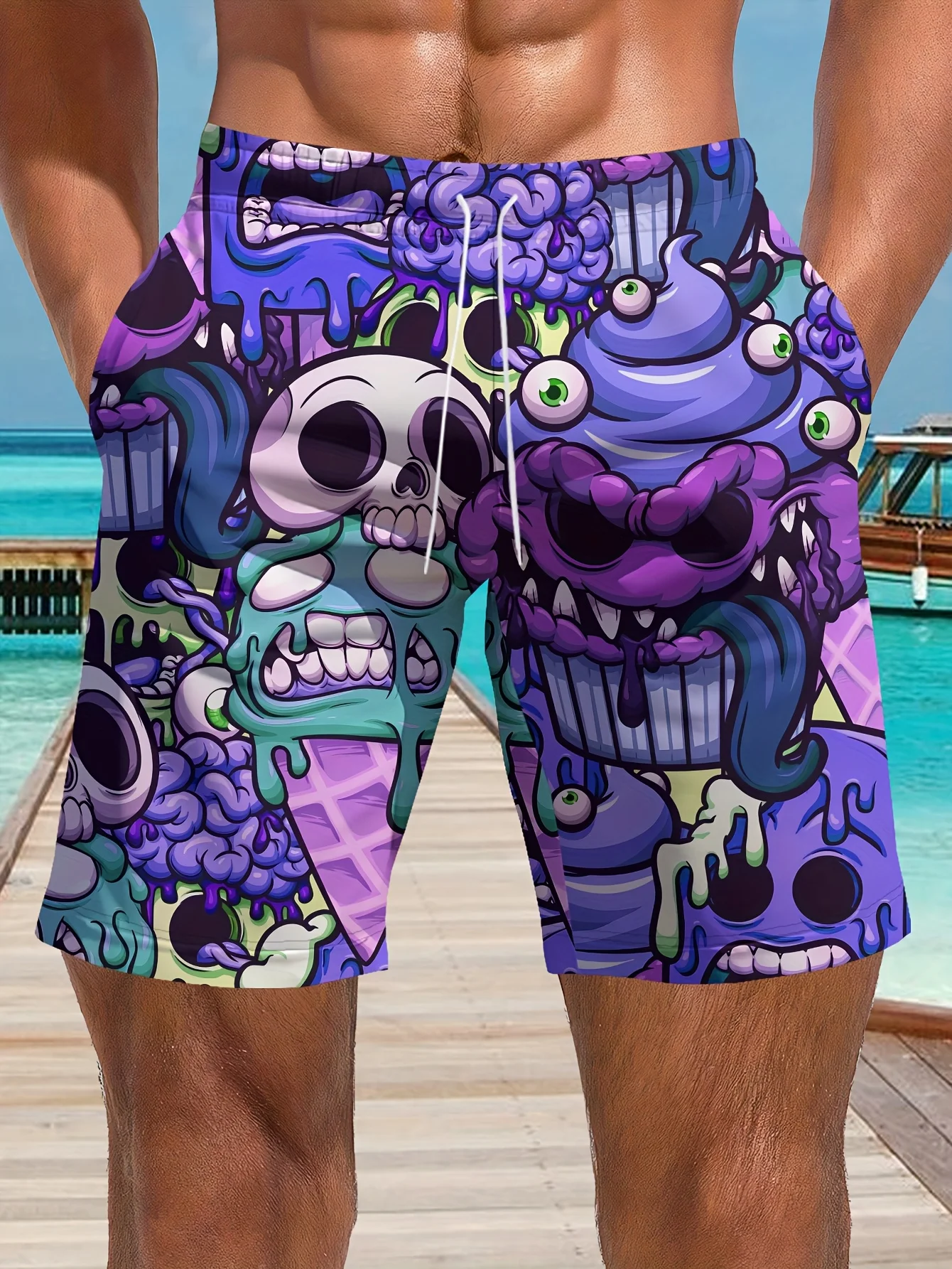 

Шорты мужские быстросохнущие с 3D-принтом фиолетового монстра-Лето 2025